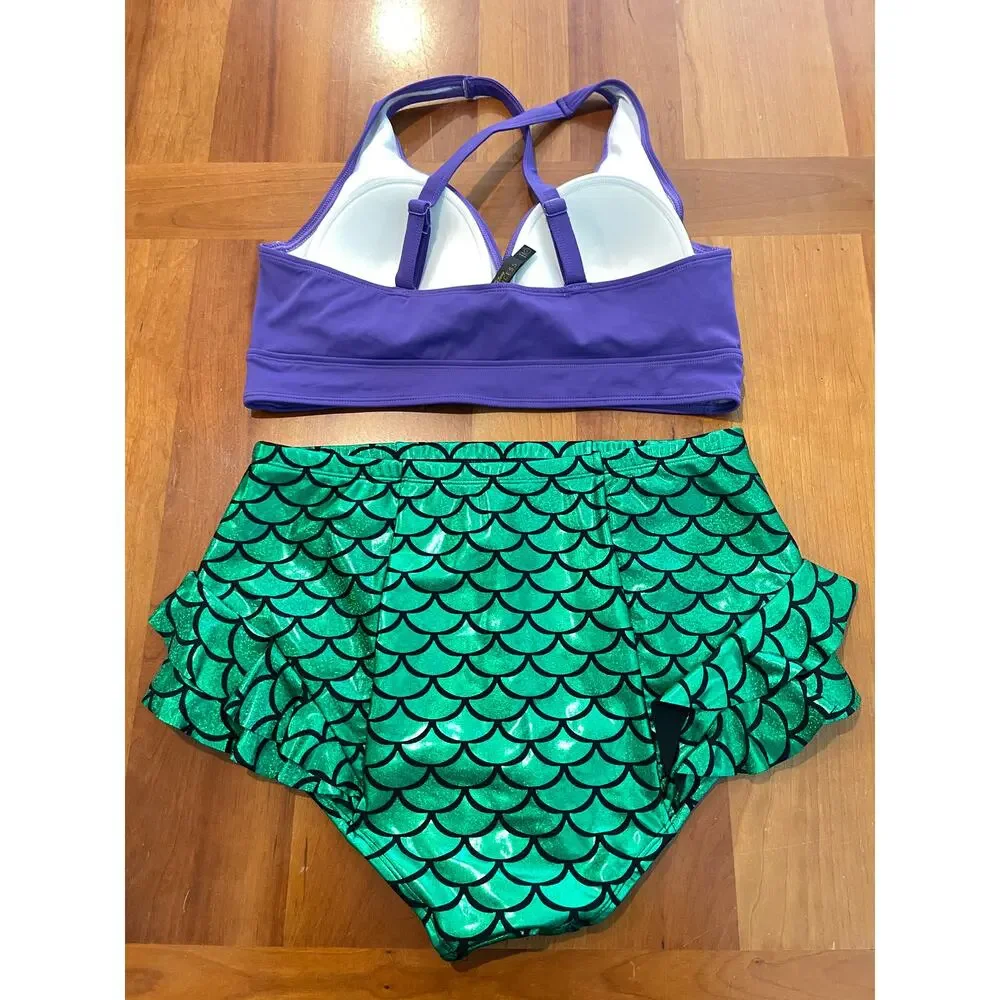 Disney Princess Ariel Bikini Set Purple Shell Top Green Scale High Waisted Sz 1x - Picture 2 of 14
